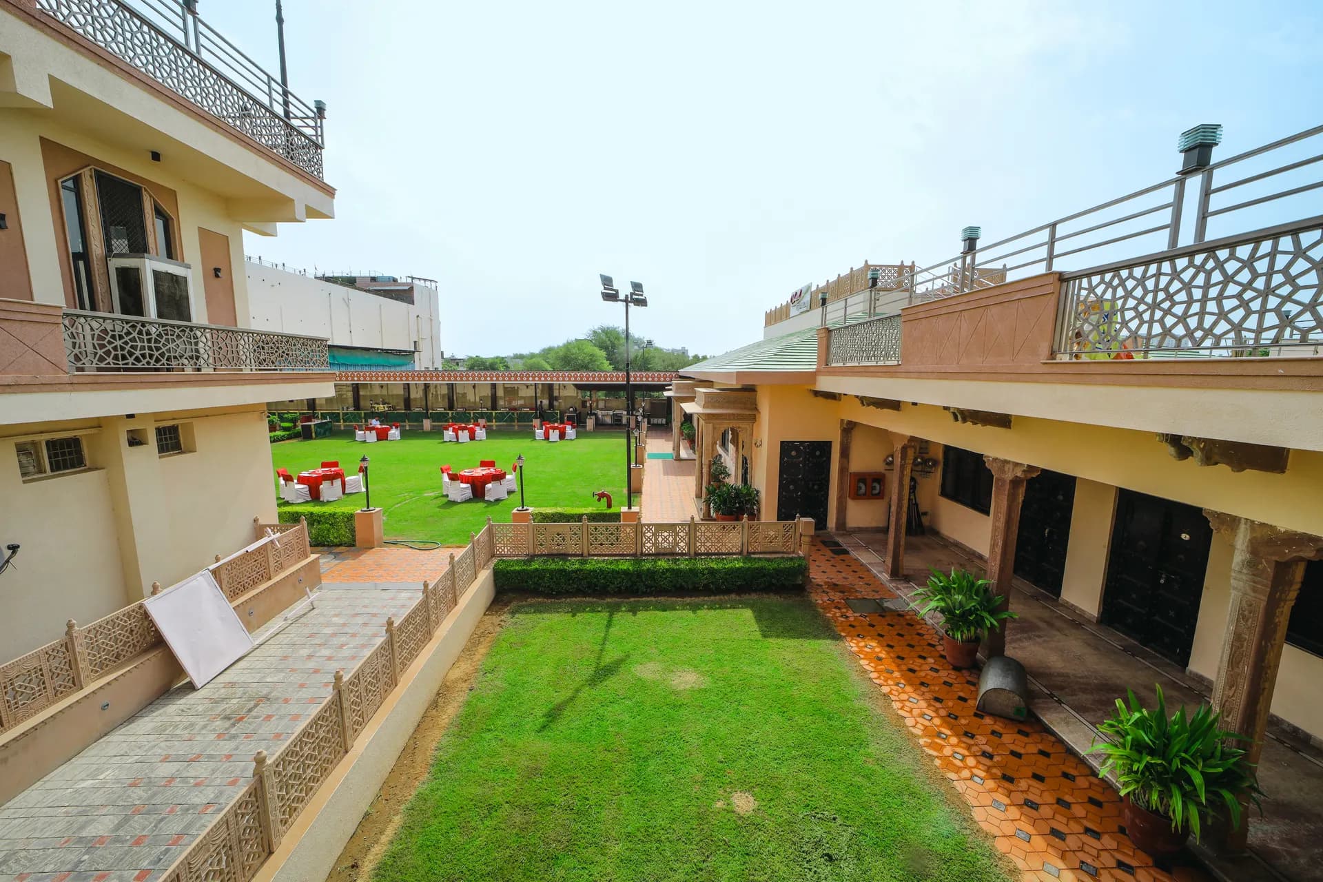 Cheelgadi hospitality campus courtyard and lawns in Jaipur