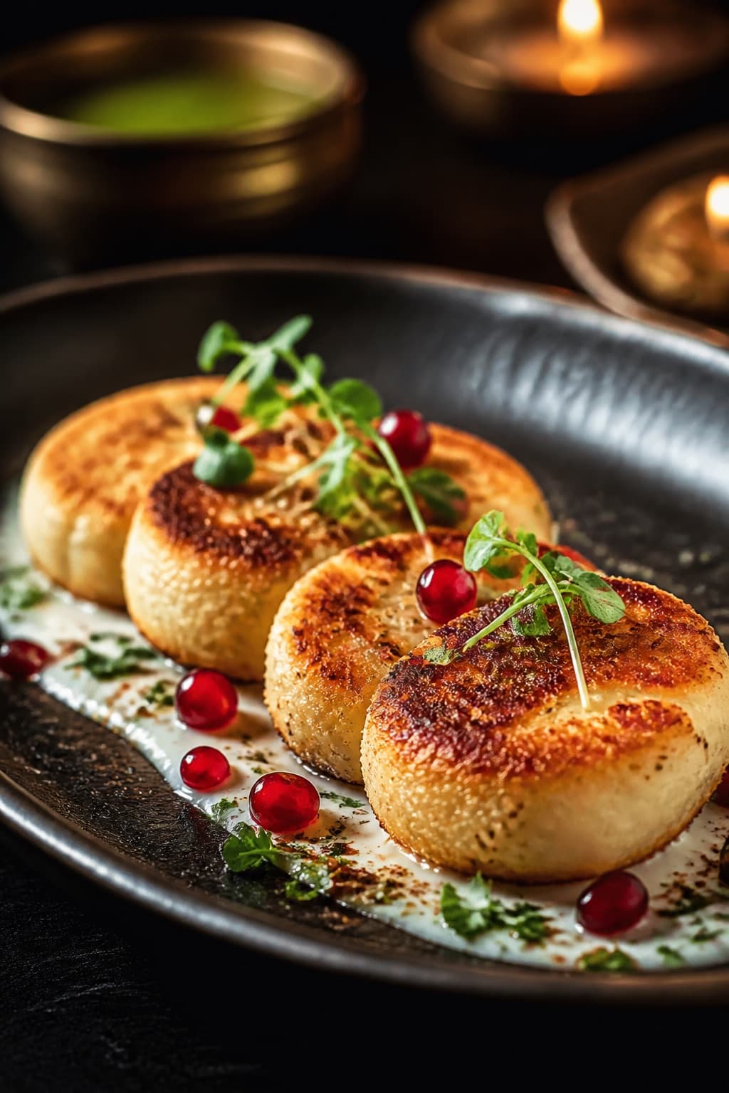 Crisp dahi kebabs with yogurt and pomegranate at Cheelgadi Jaipur