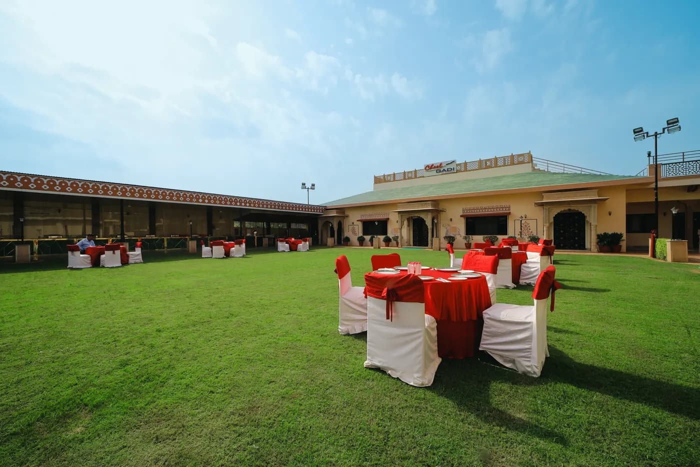 Cheelgadi marriage garden outdoor dining tables in Jaipur